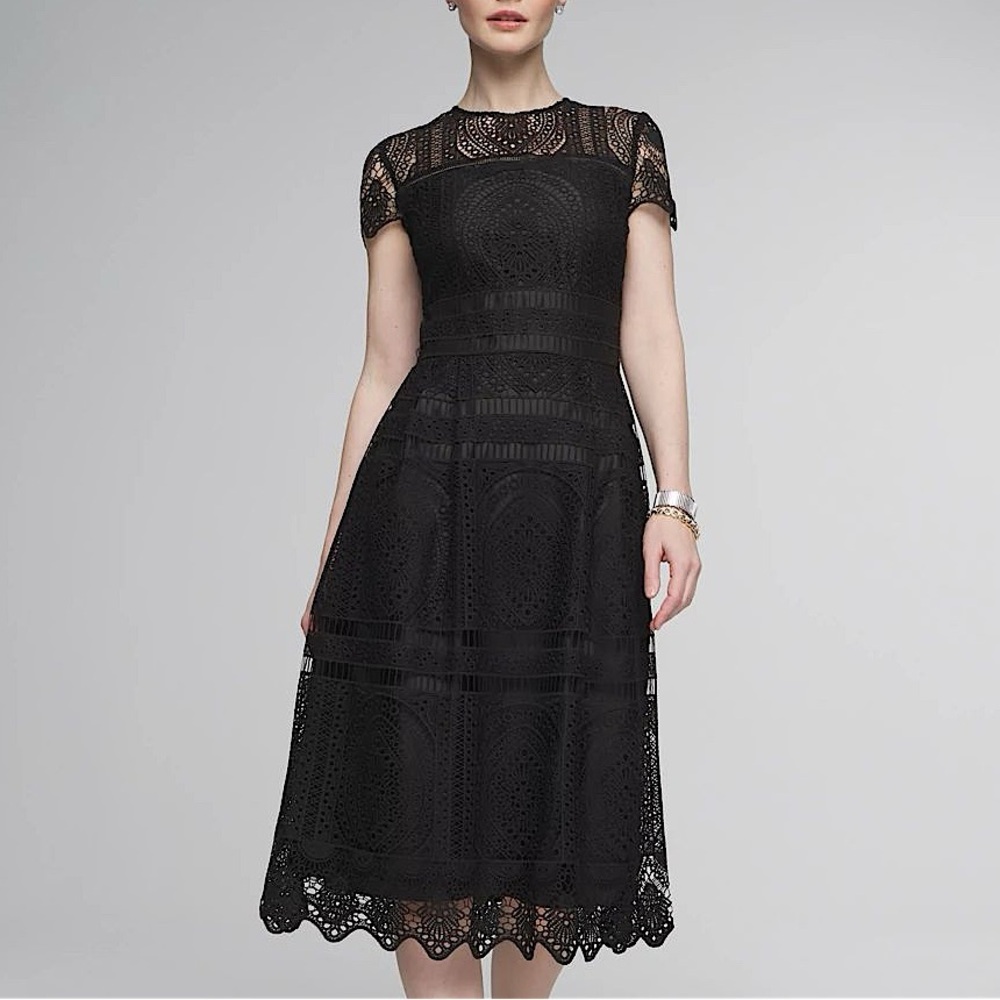 WHBM BLACK EMBROIDERED LACE FIT & FLAIR DRESS